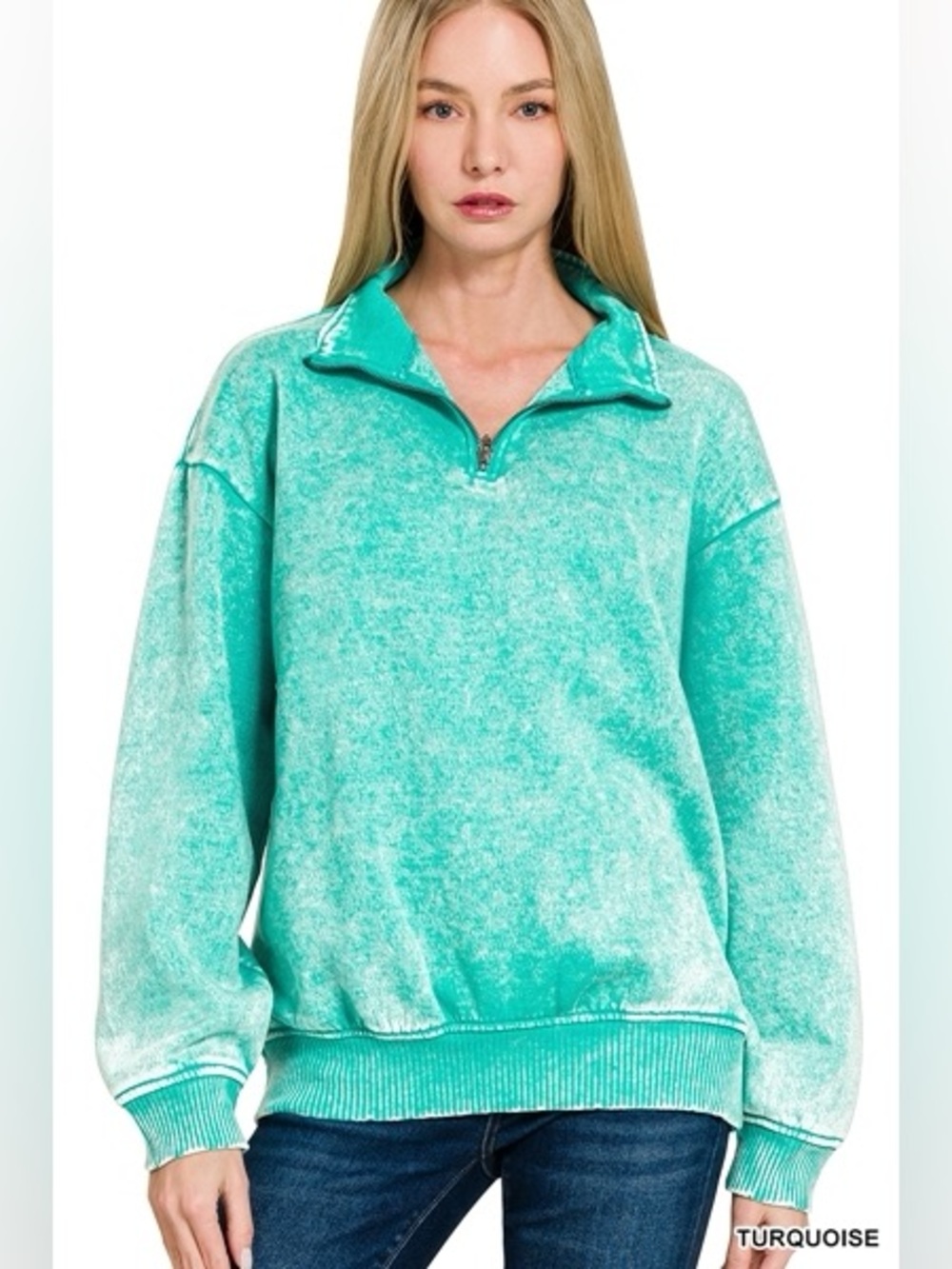 Z34-k1 Zenana ACID WASH FLEECE HALF ZIP PULLOVER - Turquoise